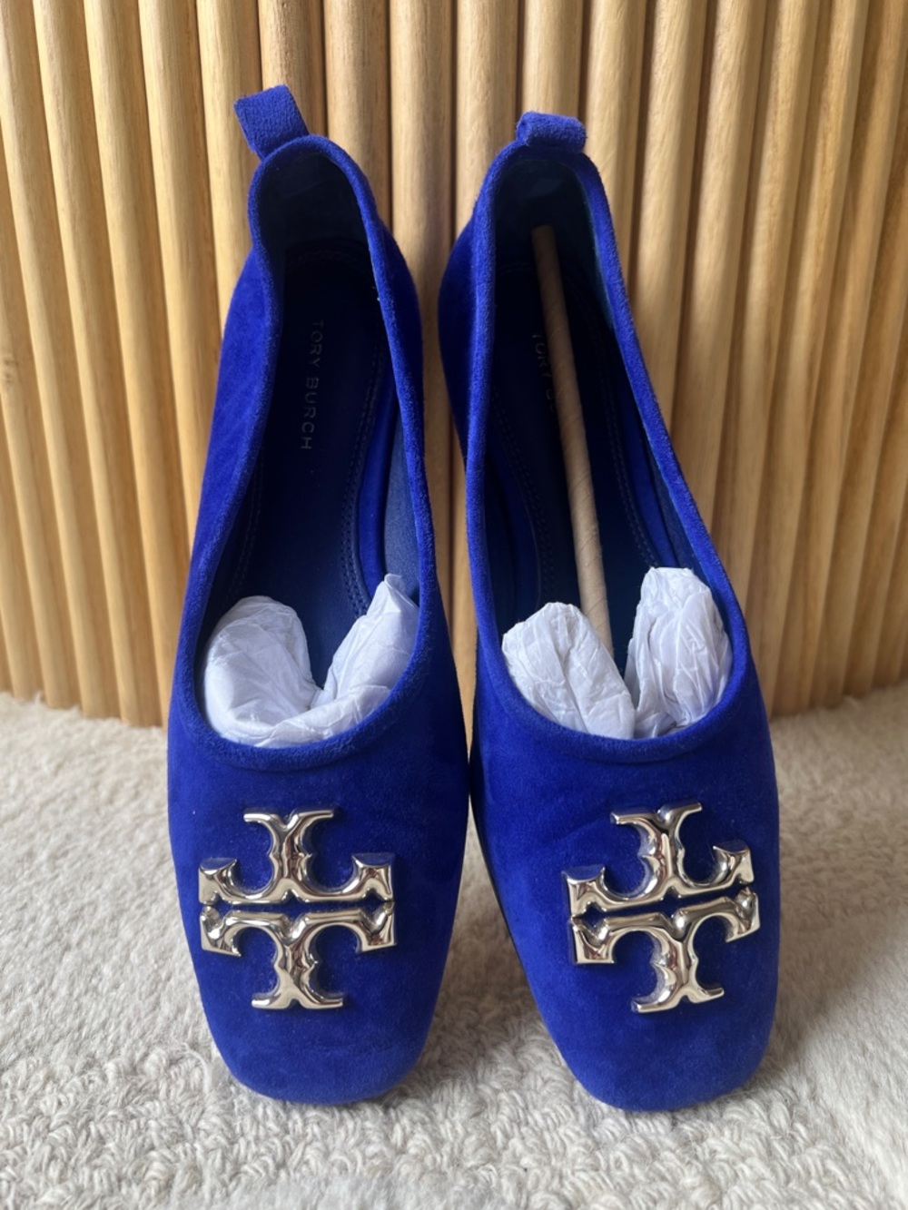 Tory Burch Cobalt Suede Logo Loafers